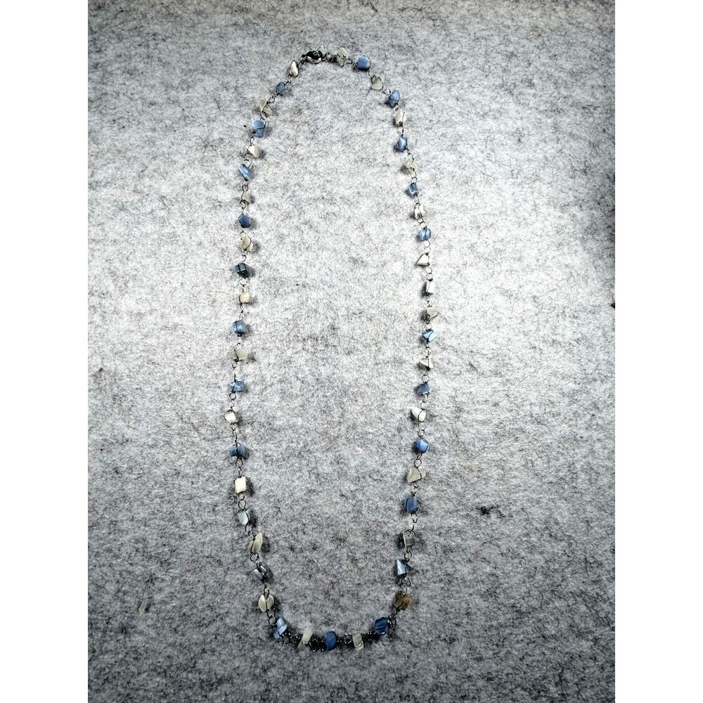 Vintage Y2K Blue Ivory Cats Eye Glass Bead Necklace Double Strand Wire Wrapped - Picture 5 of 7